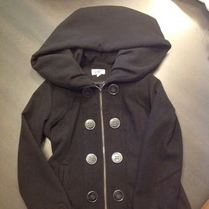 Heavy, black coat with cowl hood
